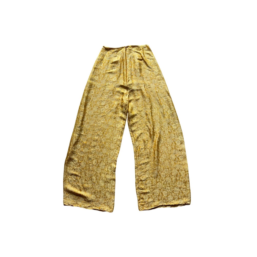 Gold Floral Brocade Wide Leg Trousers High Rise Metallic Pants XS